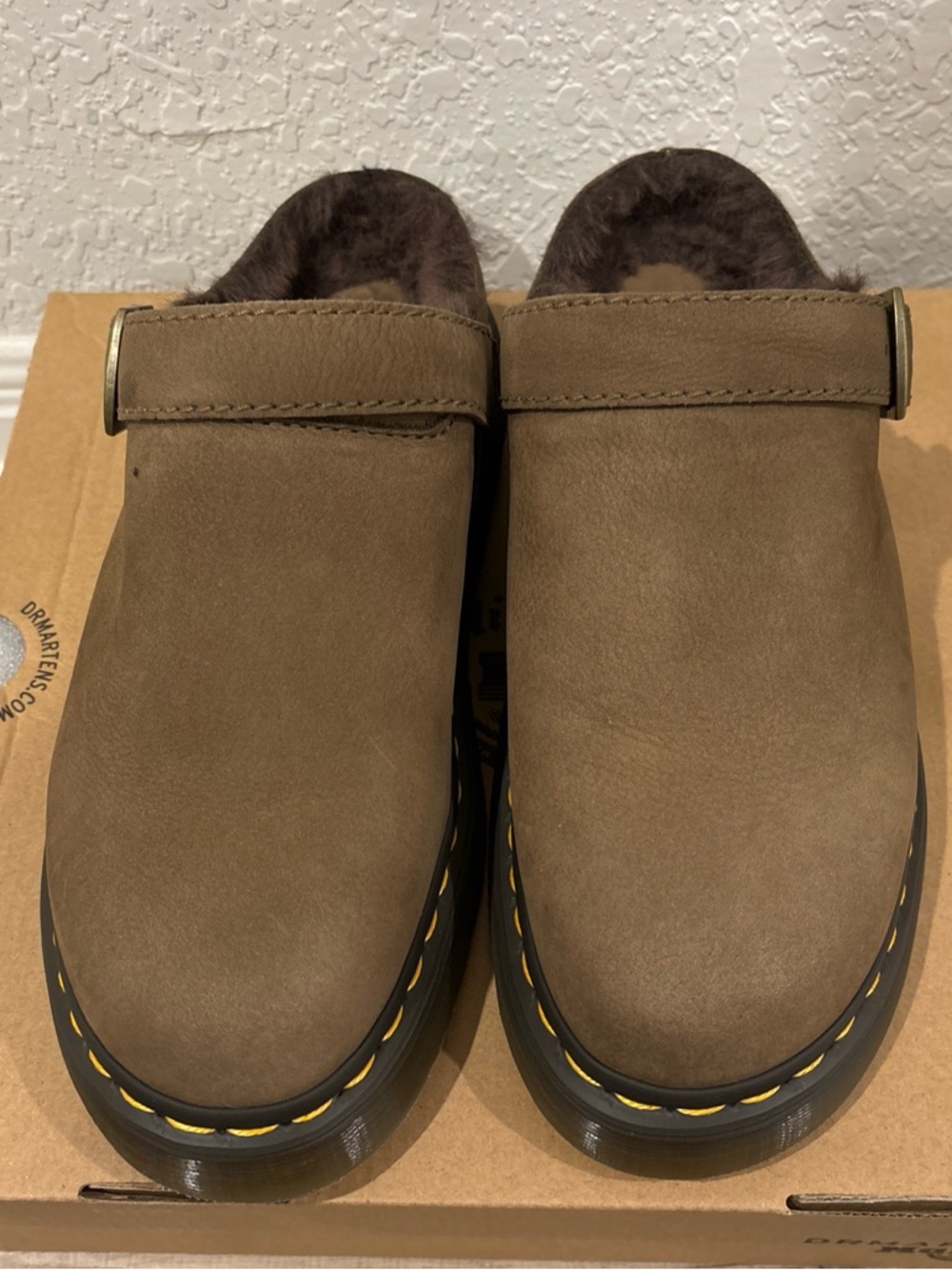 Dr. Martens Women's Brown Suede Clog Mules with Shearling Collar